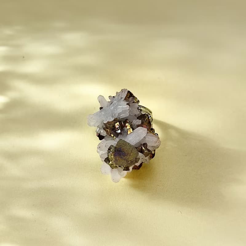 水晶共生黃銅礦 活口戒指 隨形原石標本 晶簇晶柱手工指環 S925銀