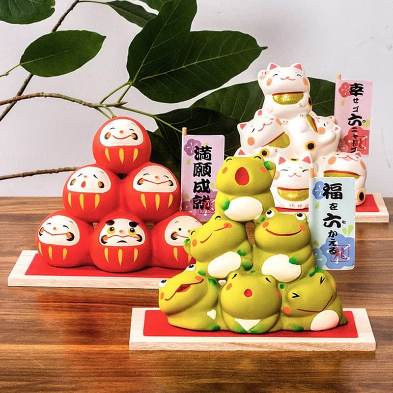 日本進口龍虎作疊羅漢招財貓達摩柴犬青蛙素燒陶無釉可愛創意擺件