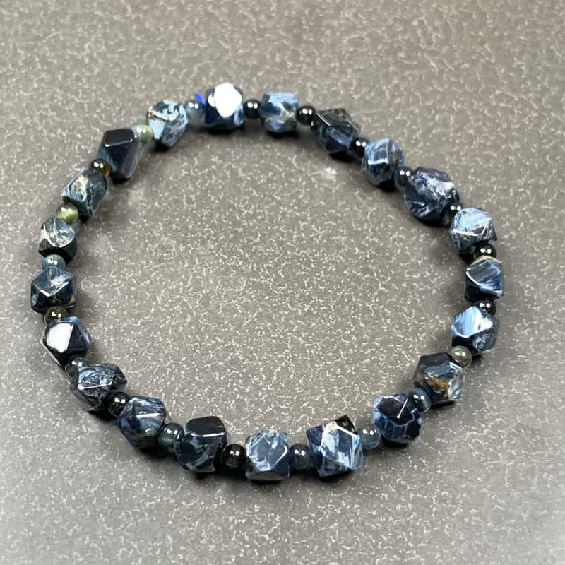 小精品 天然 彼得石 藍色風暴 油畫 八角珠 手鍊