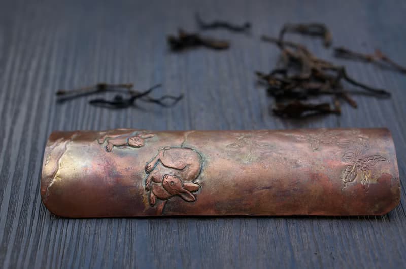 【溪山手作】手工紫銅傳統鏨刻浮雕錘紋梧桐雙兔茶則茶鏟茶道