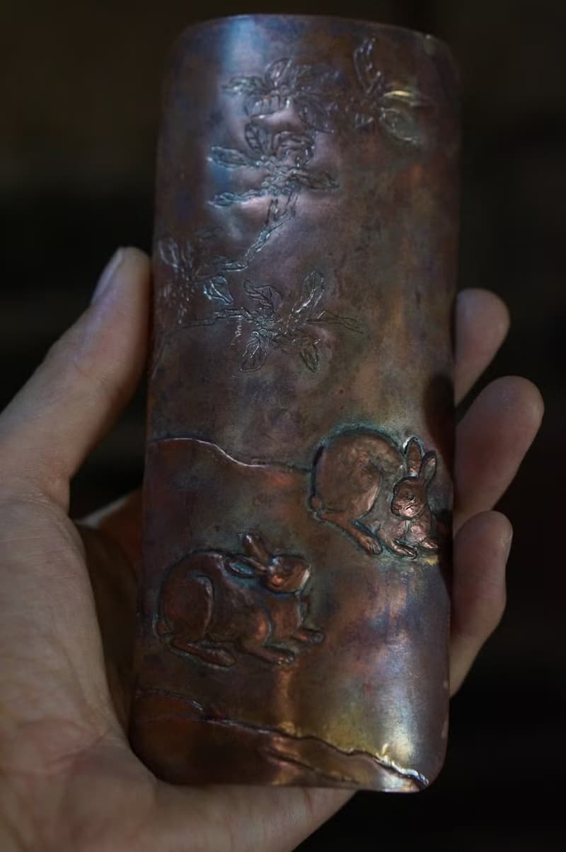 【溪山手作】手工紫銅傳統鏨刻浮雕錘紋梧桐雙兔茶則茶鏟茶道
