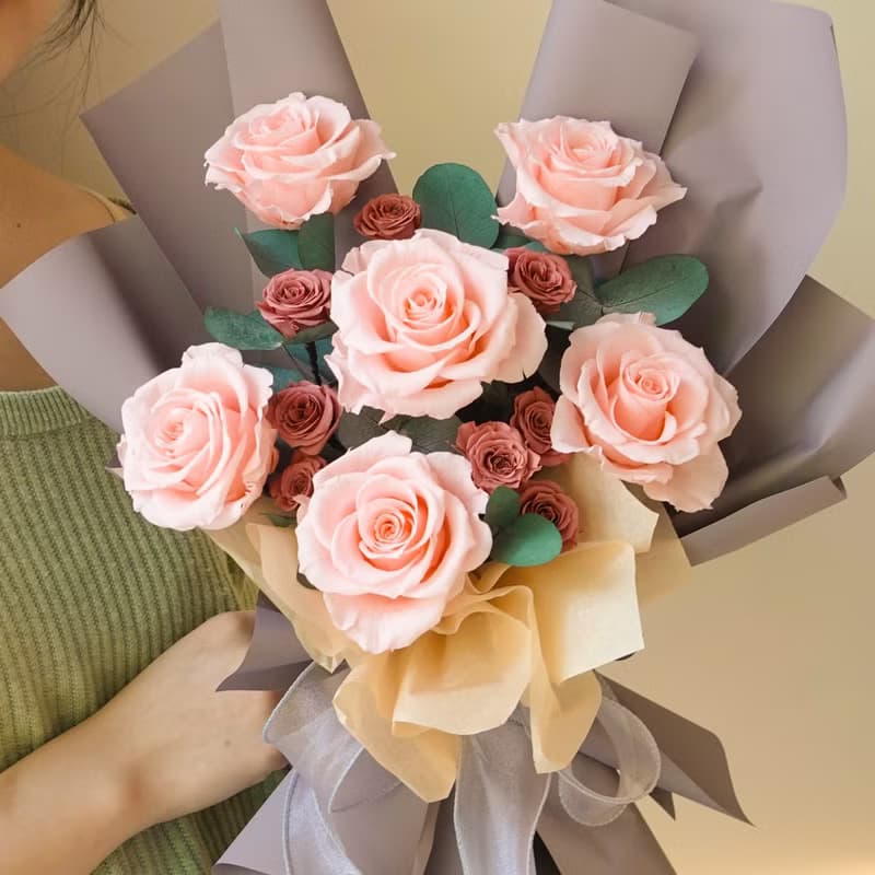 混搭永生玫瑰花束-新娘粉與豆沙粉
