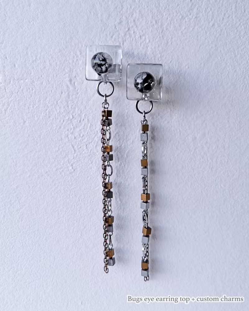 Bugs eye 2way earrings/ Interchangeable / macro view-black shell 醫療鋼耳環 夾式耳環 耳夾