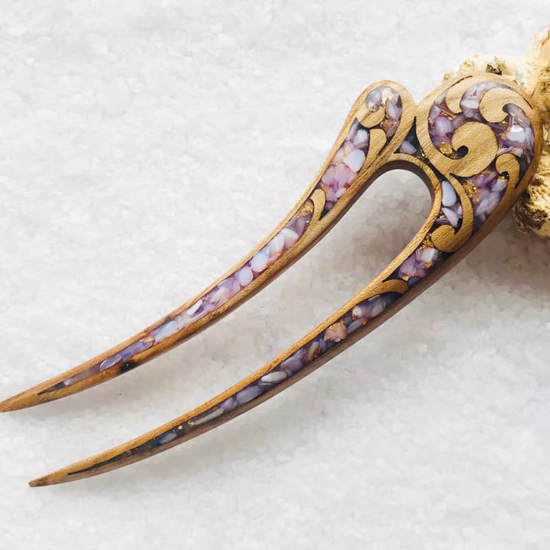 Wooden Hair Pin, Celtic Hair Stick, U shaped hair fork, Purple Hair Clip