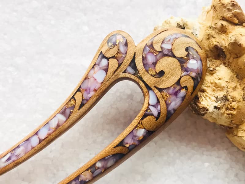 Wooden Hair Pin, Celtic Hair Stick, U shaped hair fork, Purple Hair Clip
