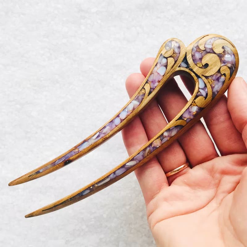 Wooden Hair Pin, Celtic Hair Stick, U shaped hair fork, Purple Hair Clip