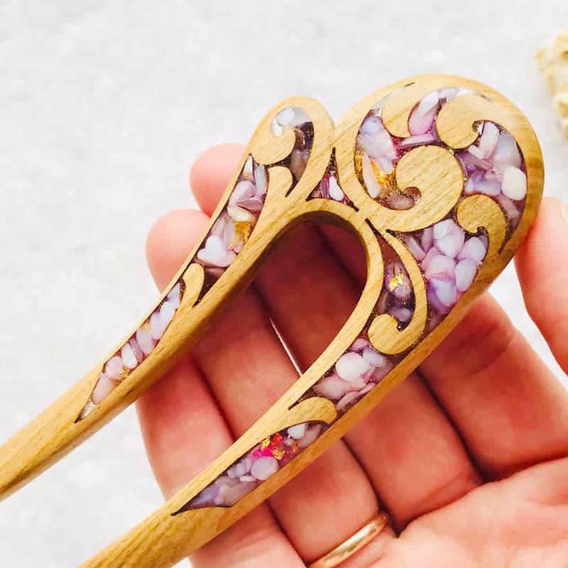 Wooden Hair Pin, Celtic Hair Stick, U shaped hair fork, Purple Hair Clip