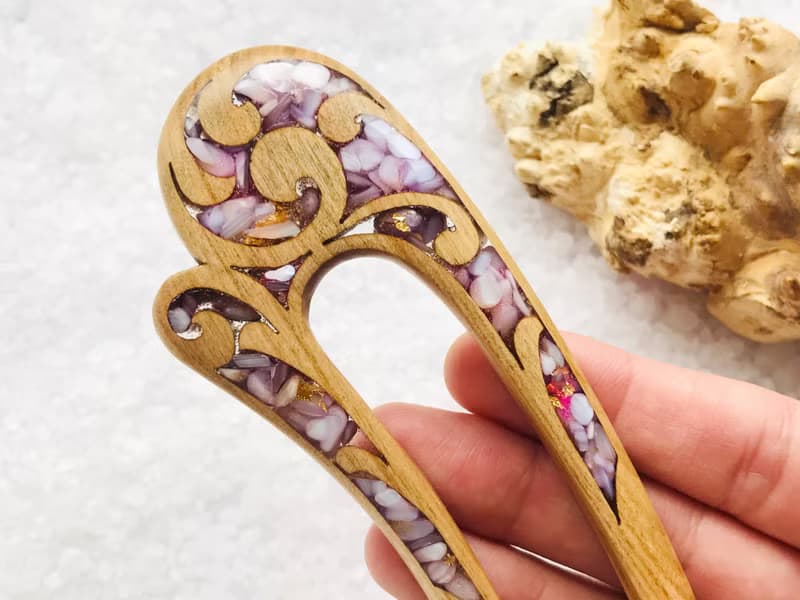 Wooden Hair Pin, Celtic Hair Stick, U shaped hair fork, Purple Hair Clip