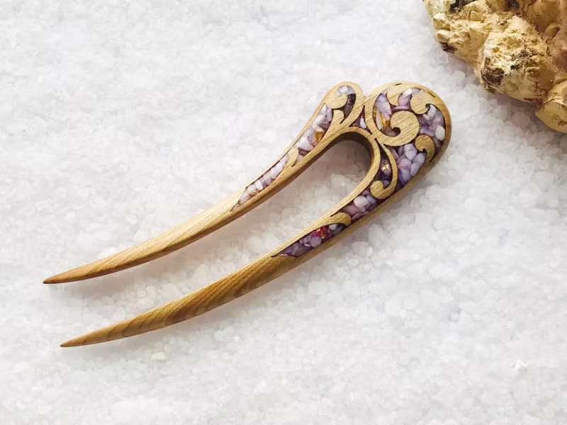 Wooden Hair Pin, Celtic Hair Stick, U shaped hair fork, Purple Hair Clip