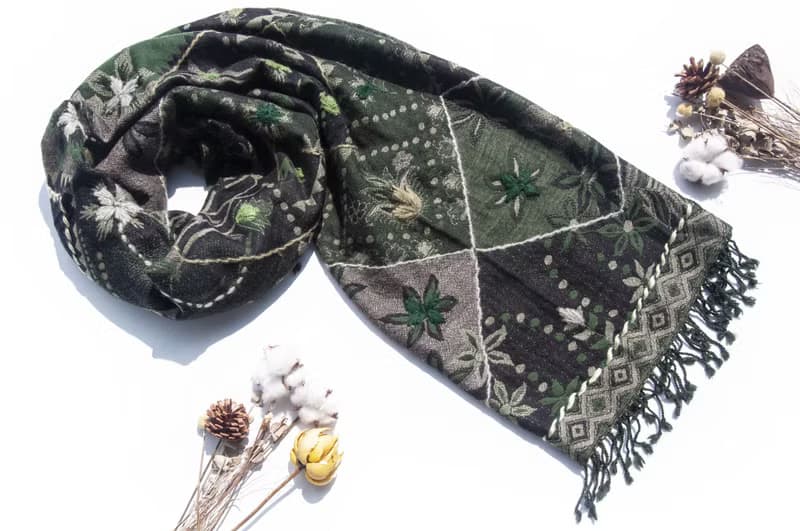 喀什米爾Cashmere刺繡羊毛披肩 針織圍巾 刺繡圍巾 克什米爾-花朵