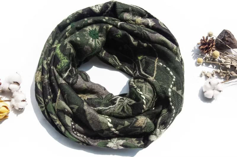 喀什米爾Cashmere刺繡羊毛披肩 針織圍巾 刺繡圍巾 克什米爾-花朵
