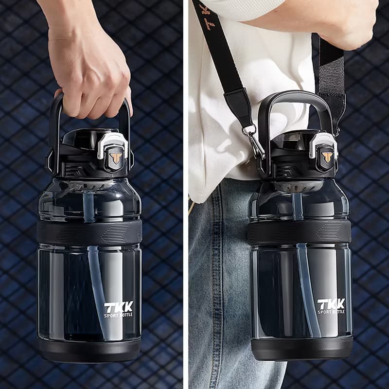 【TKK】美國進口Tritan戶外攀峰 手提+背帶運動水壺2000ML-電光白