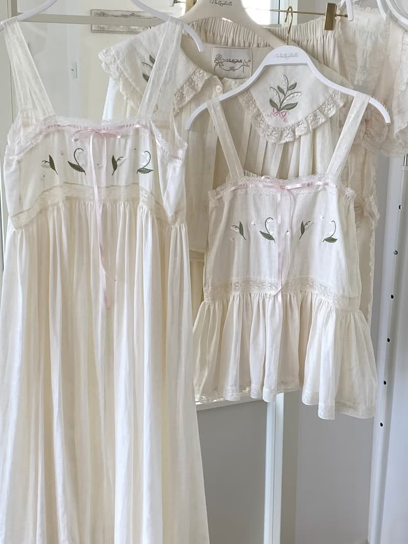 鈴蘭刺繡花 手工制 復古森系吊帶  家居服睡裙