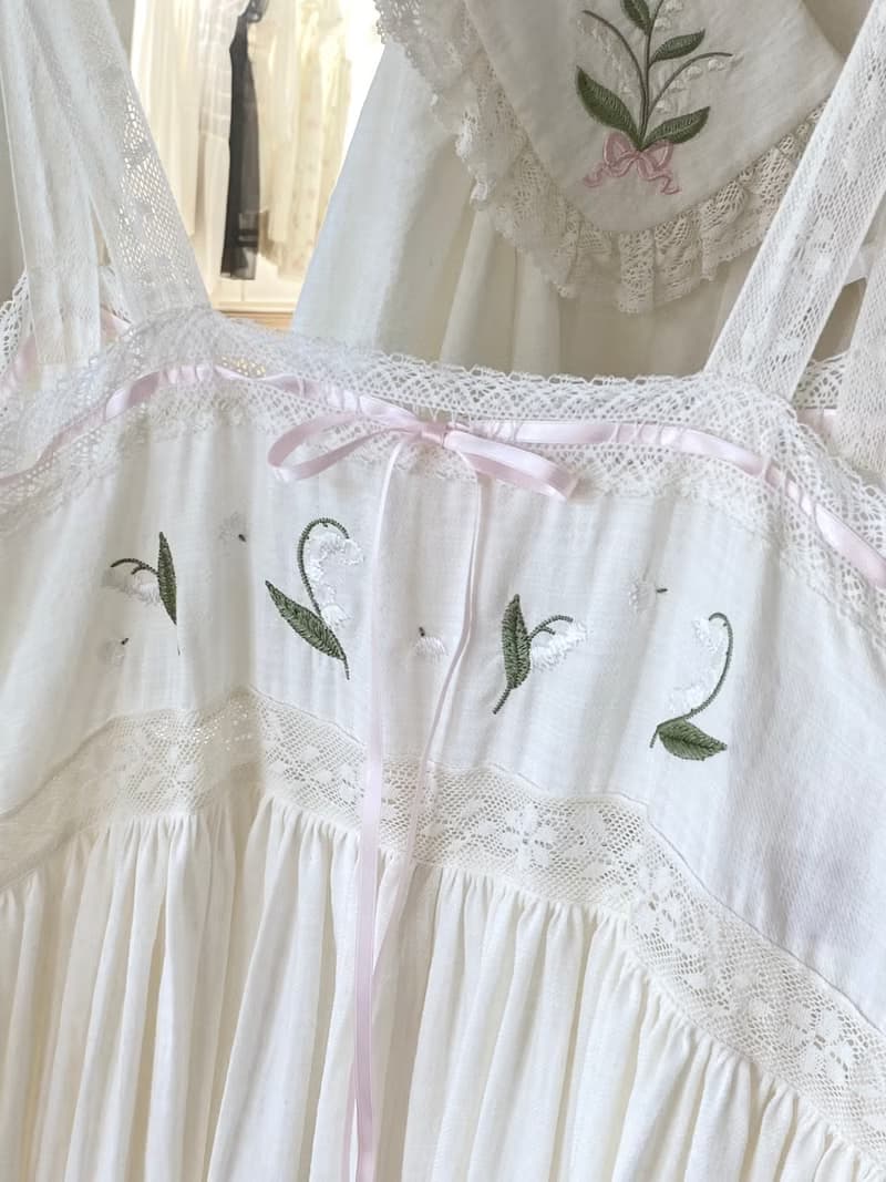 鈴蘭刺繡花 手工制 復古森系吊帶  家居服睡裙