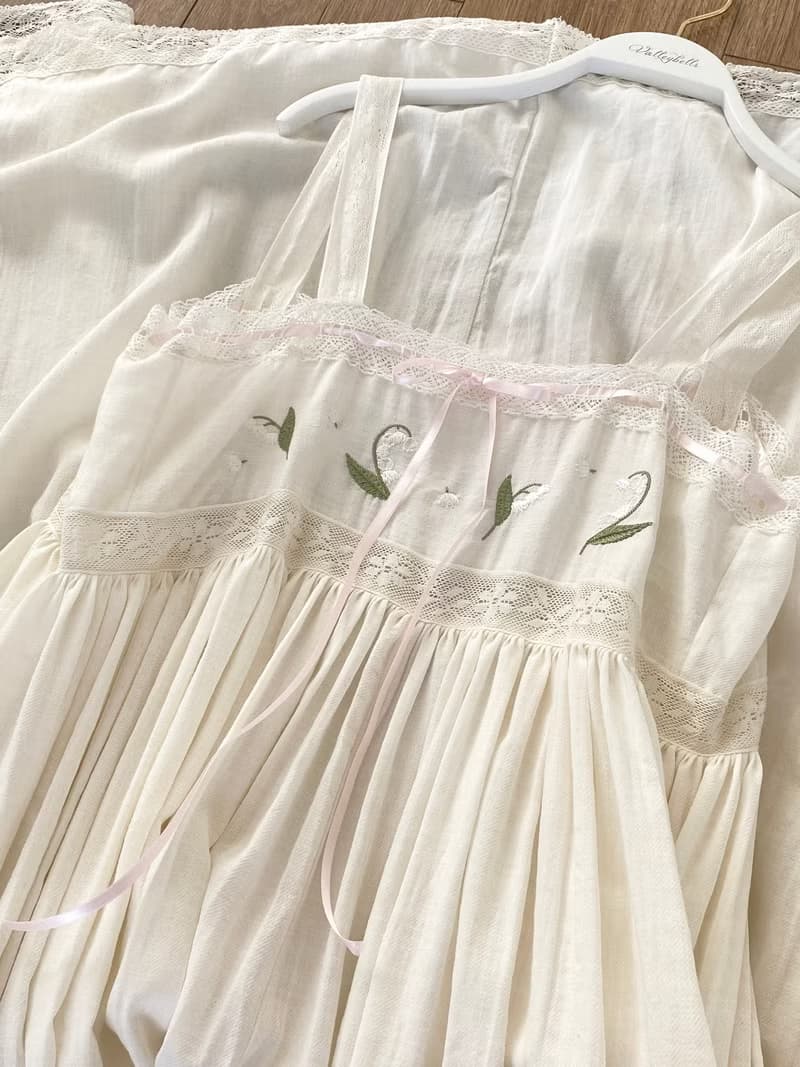 鈴蘭刺繡花 手工制 復古森系吊帶  家居服睡裙