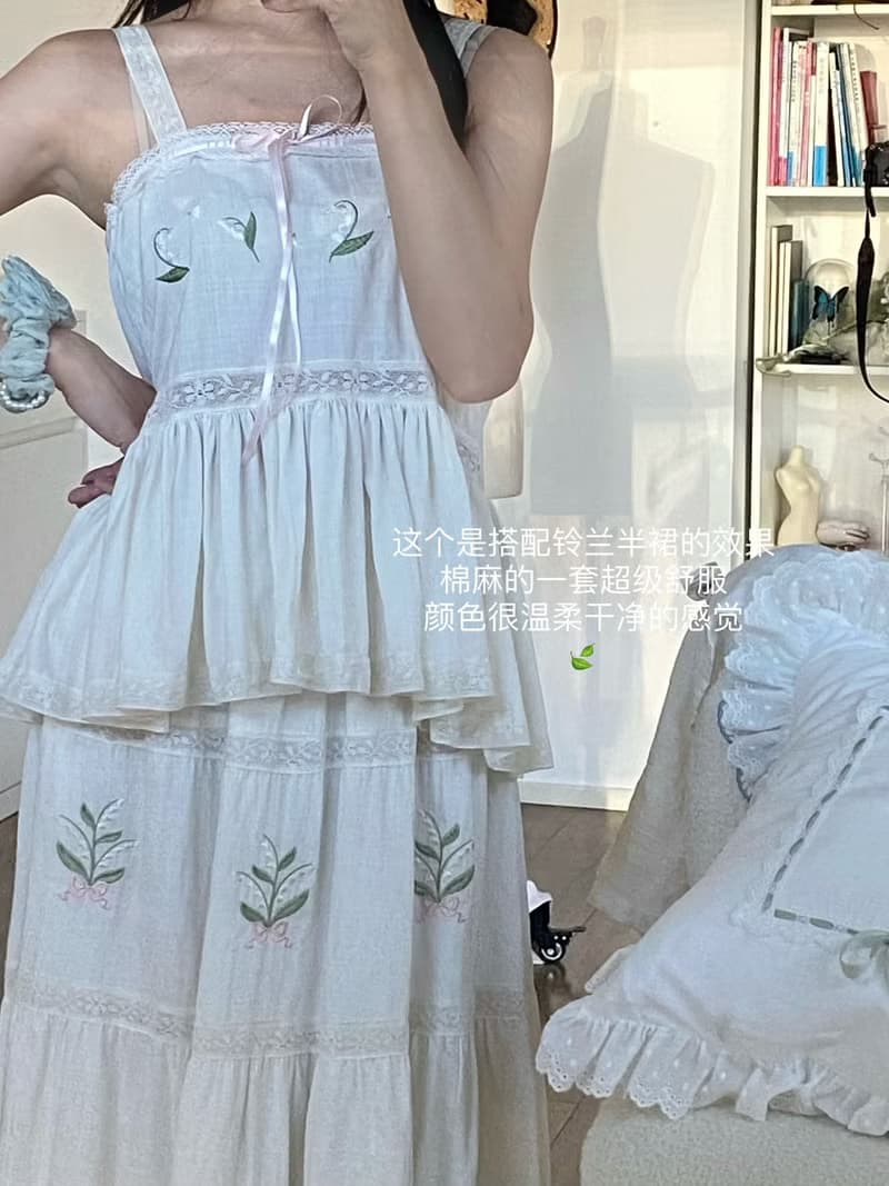 鈴蘭刺繡花 手工制 復古森系吊帶  家居服睡裙
