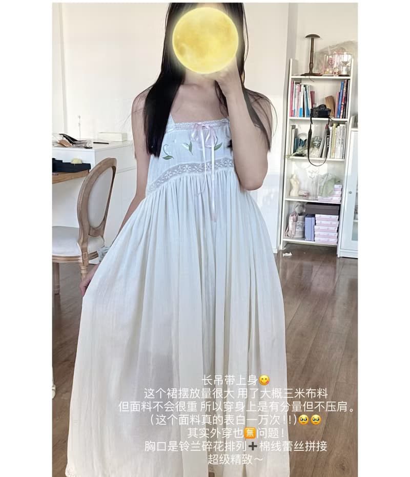鈴蘭刺繡花 手工制 復古森系吊帶  家居服睡裙