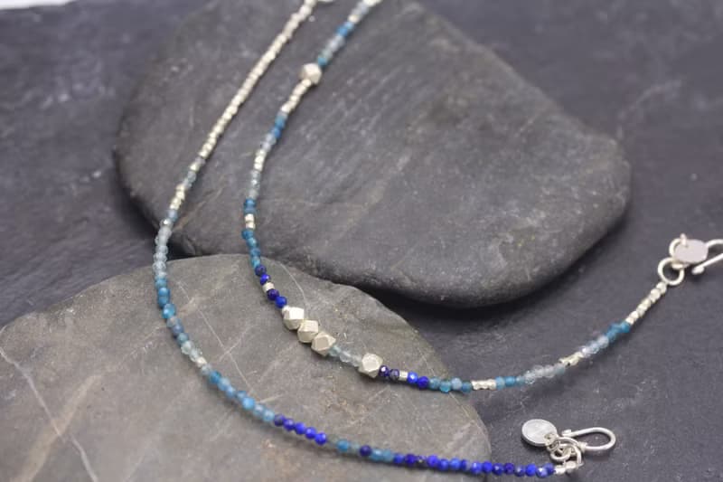 Topaz, lapis lazuli and silver beads bracelet with adjustable chain (B0083)