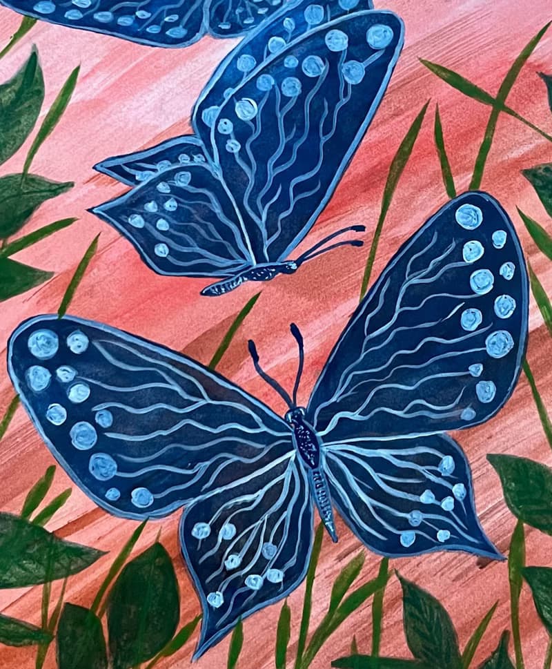 White-blue butterflies against the backdrop of fiery sunset.