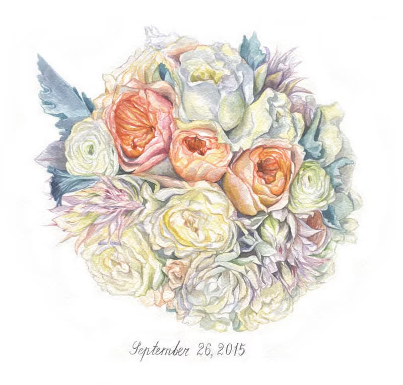 Custom Wedding Bouquet Painting Watercolor Bridal flowers portrait Anniversary