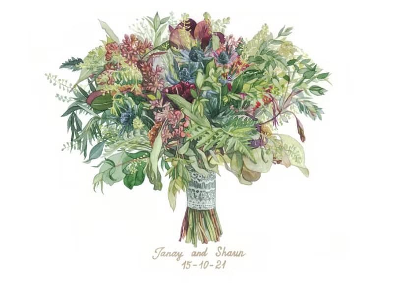 Custom Wedding Bouquet Painting Watercolor Bridal flowers portrait Anniversary