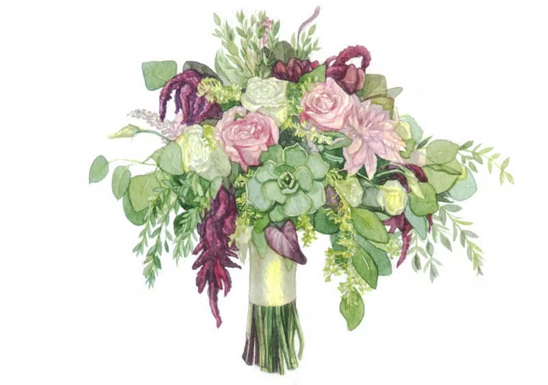 Custom Wedding Bouquet Painting Watercolor Bridal flowers portrait Anniversary