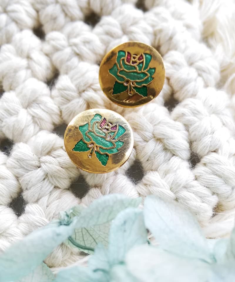 Vintage Jewelry 西洋古董飾品 景泰藍 綠玫瑰 小巧 針式耳環