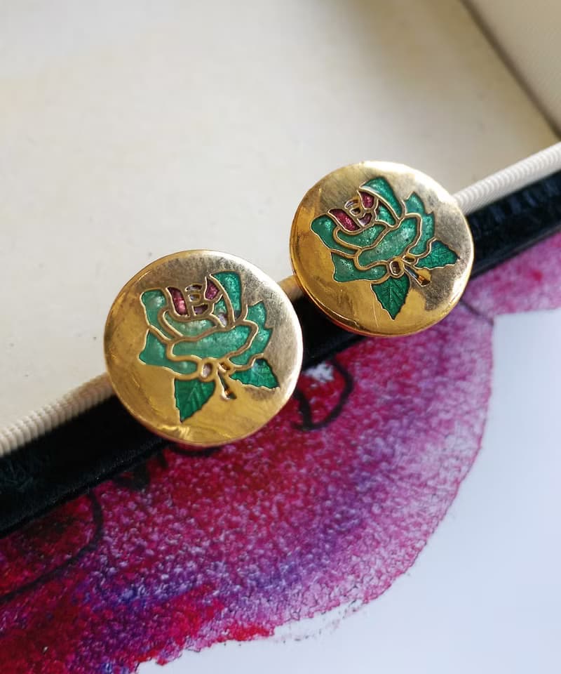 Vintage Jewelry 西洋古董飾品 景泰藍 綠玫瑰 小巧 針式耳環