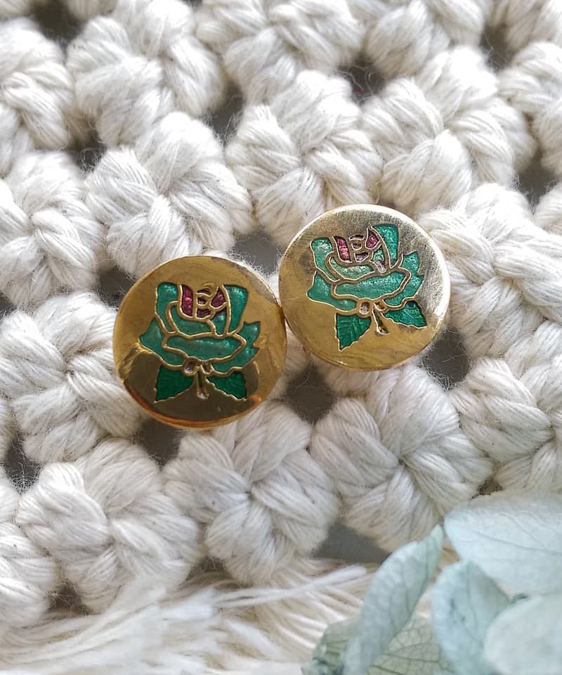 Vintage Jewelry 西洋古董飾品 景泰藍 綠玫瑰 小巧 針式耳環