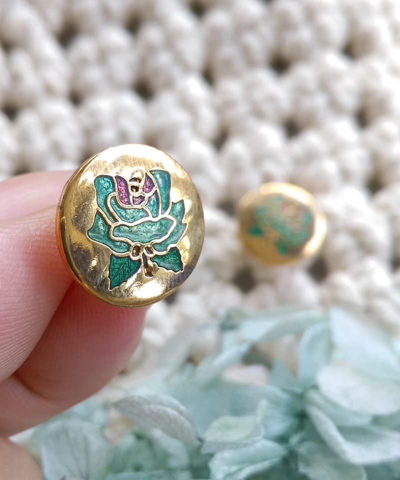 Vintage Jewelry 西洋古董飾品 景泰藍 綠玫瑰 小巧 針式耳環