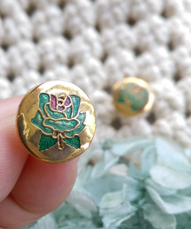 Vintage Jewelry 西洋古董飾品 景泰藍 綠玫瑰 小巧 針式耳環
