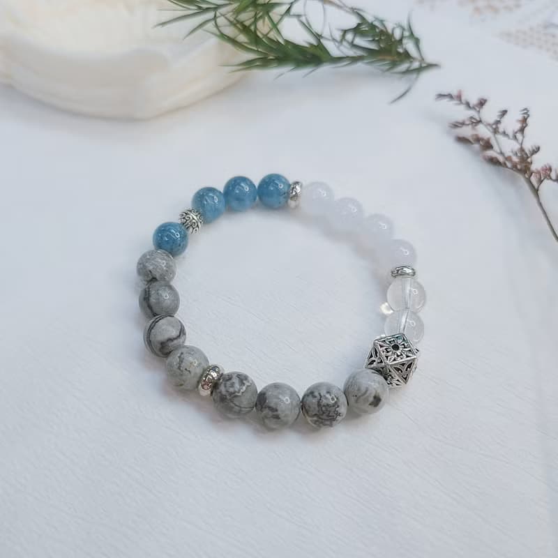 海藍寶 藍玉髓 地圖石 白水晶||事業招財 溝通自信 舒壓 水晶手鍊