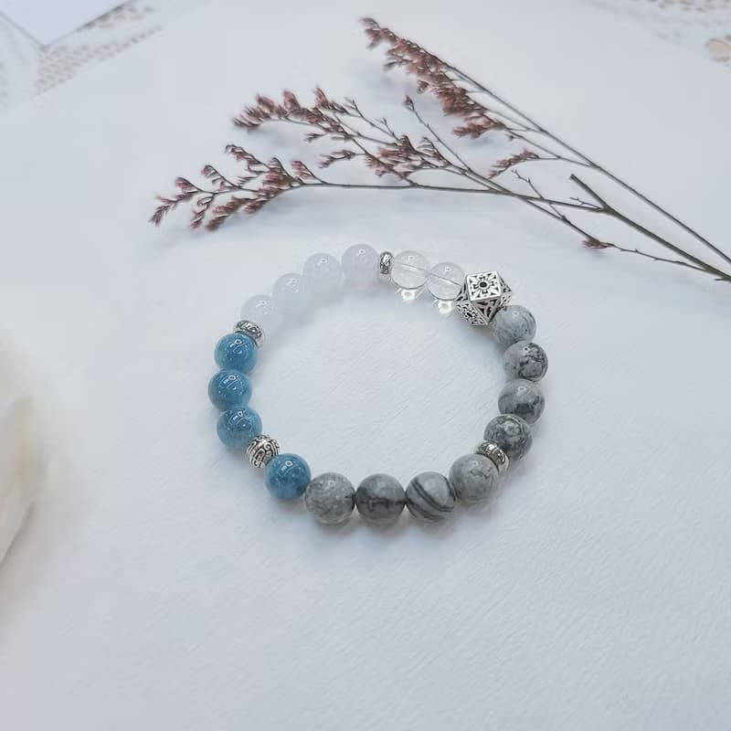 海藍寶 藍玉髓 地圖石 白水晶||事業招財 溝通自信 舒壓 水晶手鍊