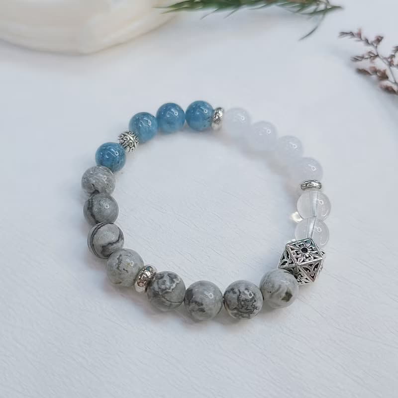 海藍寶 藍玉髓 地圖石 白水晶||事業招財 溝通自信 舒壓 水晶手鍊