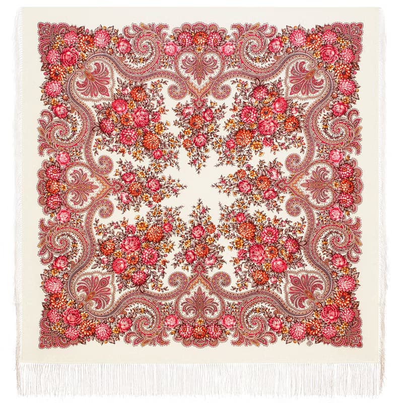 Pavlovo Posad Russian Shawl 100% Wool Scarf 125x125 cm Wrap Silk Fringe 2036-4