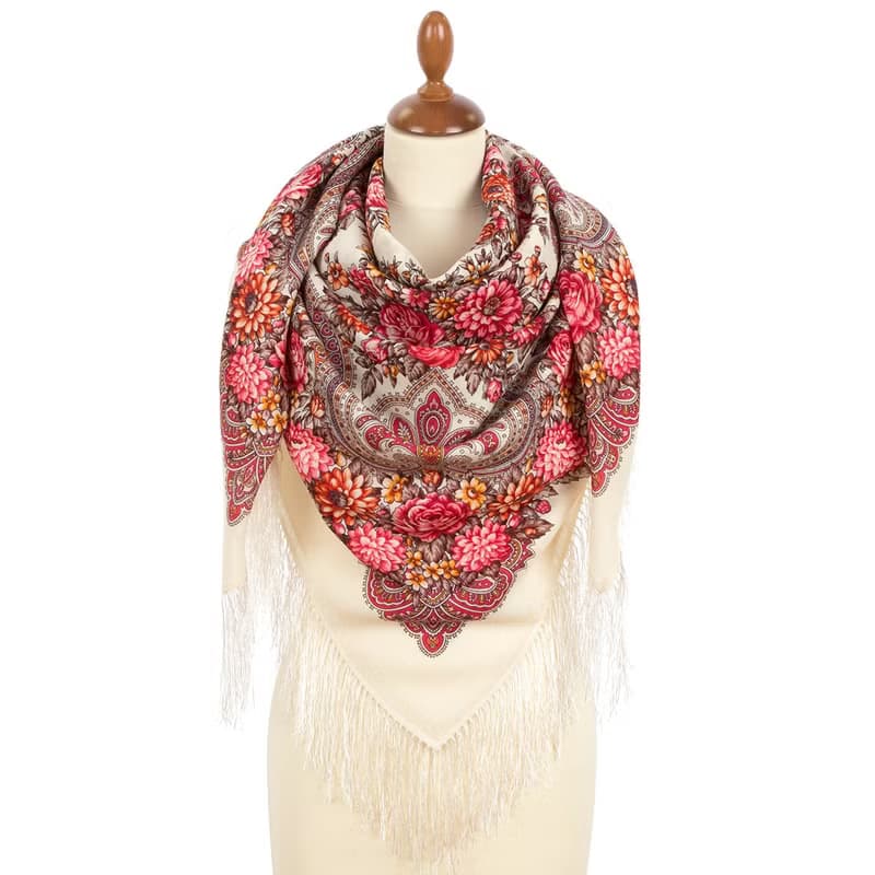 Pavlovo Posad Russian Shawl 100% Wool Scarf 125x125 cm Wrap Silk Fringe 2036-4