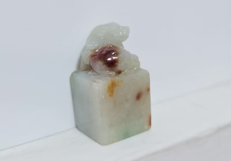 【親翠】天然翡翠 冰三彩桂花糕貔貅寶寶印章 附木頭小底座