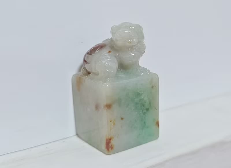【親翠】天然翡翠 冰三彩桂花糕貔貅寶寶印章 附木頭小底座