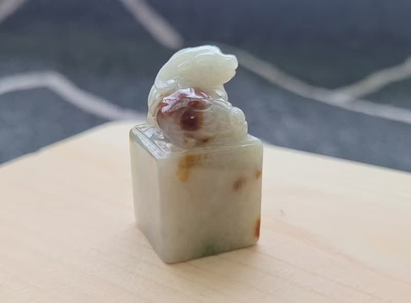 【親翠】天然翡翠 冰三彩桂花糕貔貅寶寶印章 附木頭小底座