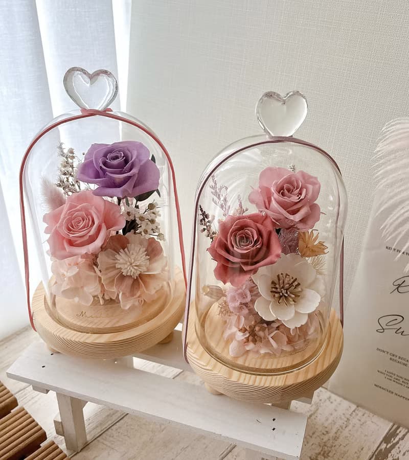 Miss。花謎 玫瑰 小夜燈 愛心玻璃罩 玻璃盅 永生花 乾燥花