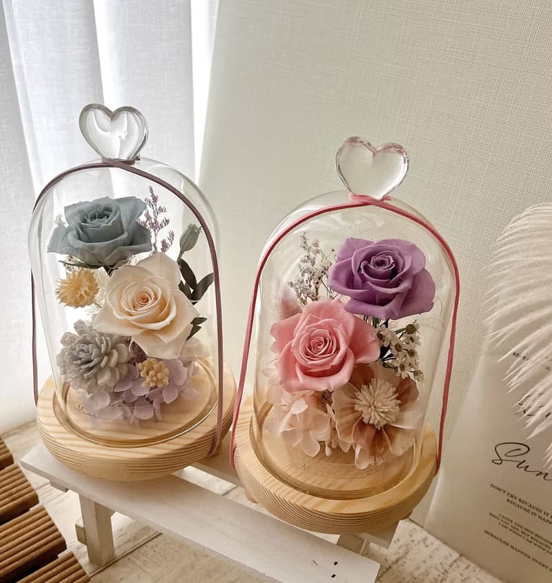 Miss。花謎 玫瑰 小夜燈 愛心玻璃罩 玻璃盅 永生花 乾燥花