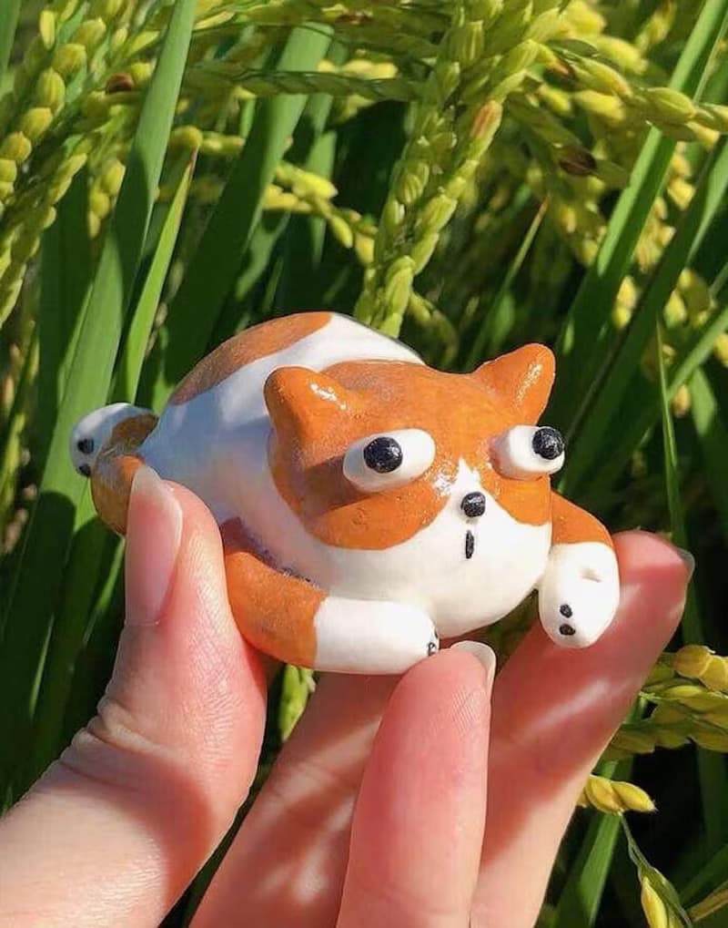 橘白貓咪陶瓷公仔 手作動物小雕塑