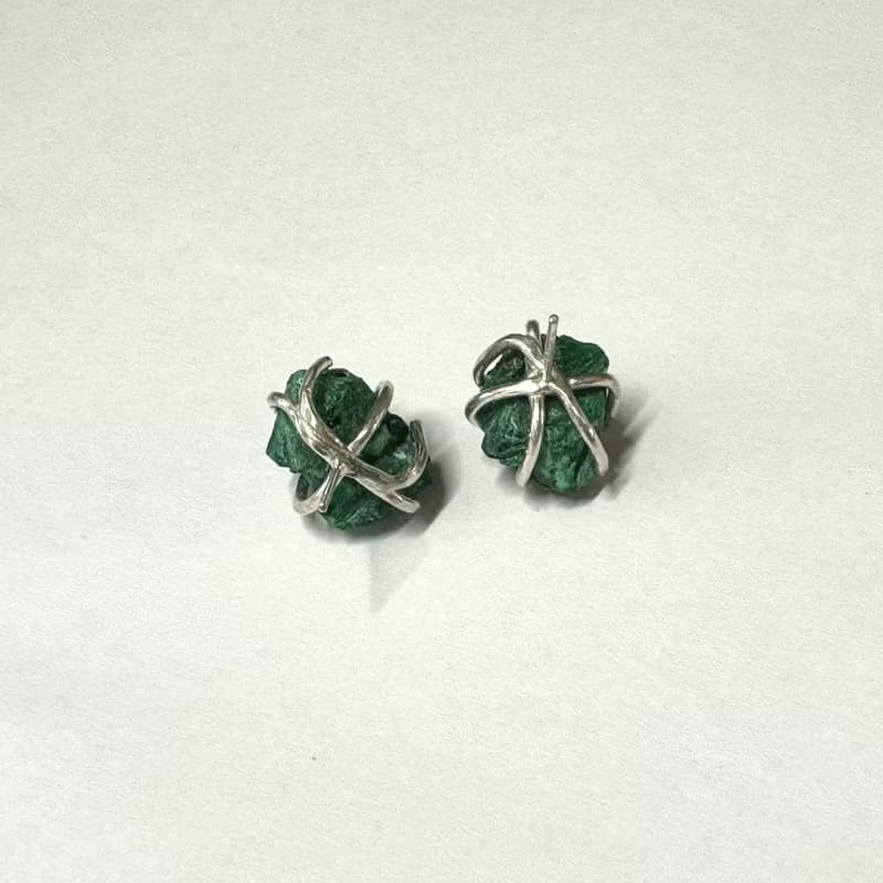 Green Malachite Silver chunky Earrings Unique Studs