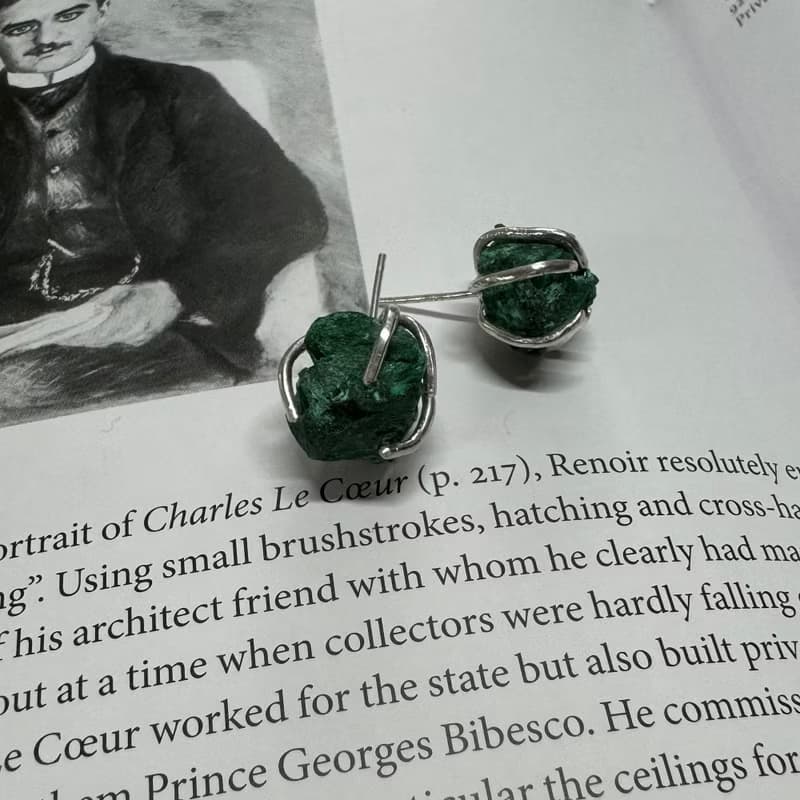 Green Malachite Silver chunky Earrings Unique Studs