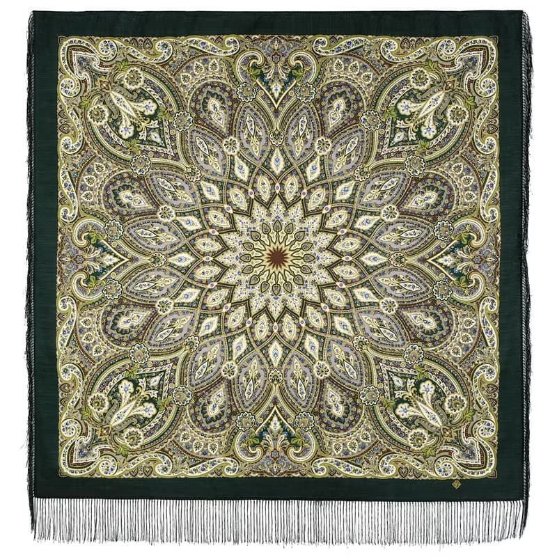 Pavlovo Posad Russian Shawl 100% Wool Scarf 125x125 cm Wrap Silk Fringe 1826-9