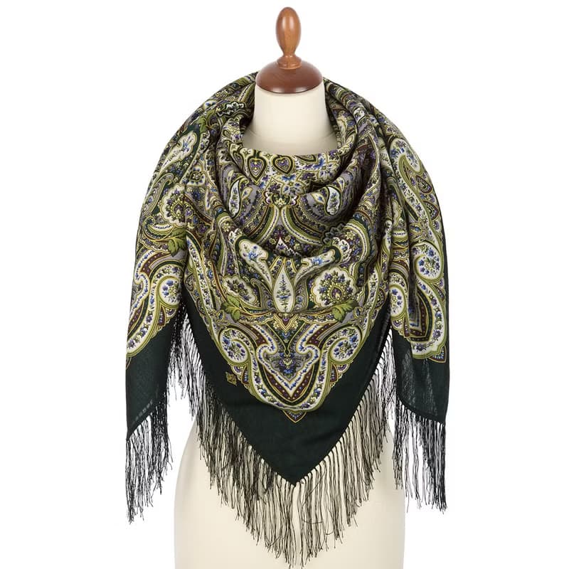 Pavlovo Posad Russian Shawl 100% Wool Scarf 125x125 cm Wrap Silk Fringe 1826-9