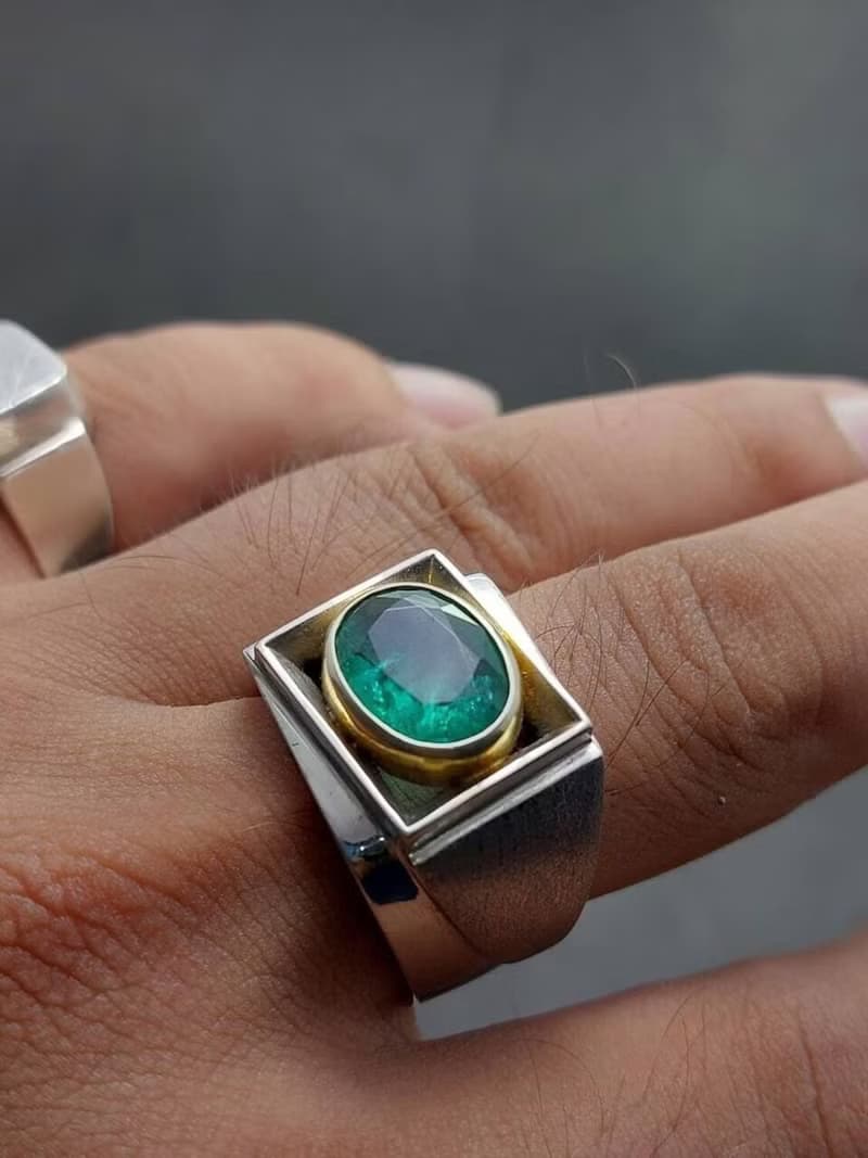 Natural Vivid Green Emerald Mens Ring Sterling Silver 925 Ring Handmade Emerald
