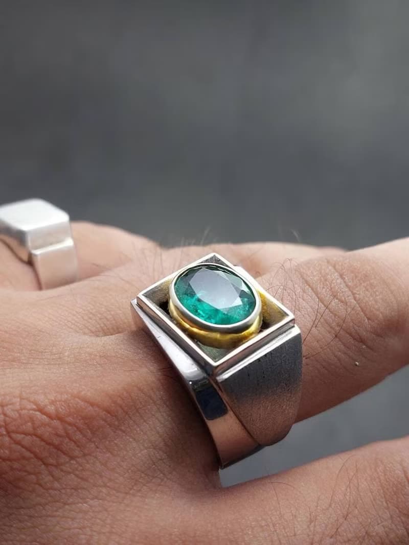 Natural Vivid Green Emerald Mens Ring Sterling Silver 925 Ring Handmade Emerald