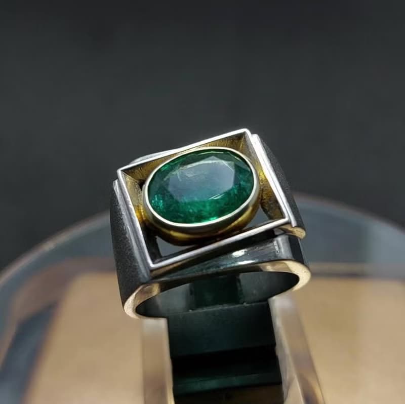 Natural Vivid Green Emerald Mens Ring Sterling Silver 925 Ring Handmade Emerald