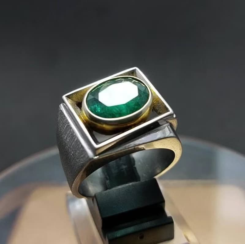 Natural Vivid Green Emerald Mens Ring Sterling Silver 925 Ring Handmade Emerald